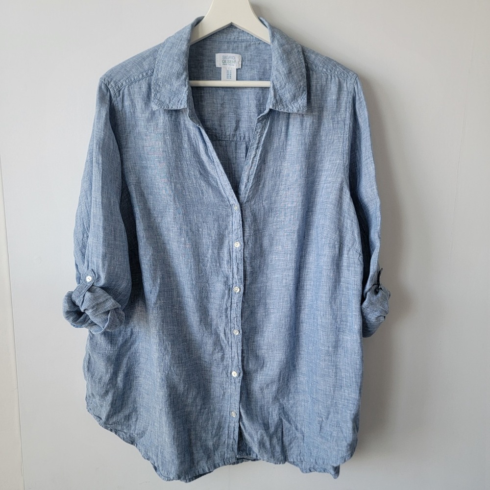 sigrid olsen women's 100%linen tunic top size 1X button up roll-tab sleeve